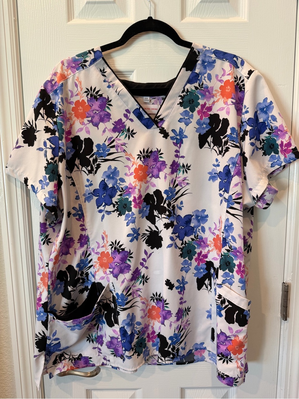 White Cross Floral V-Neck Scrub Top - White with Blue, Purple, Black & Coral